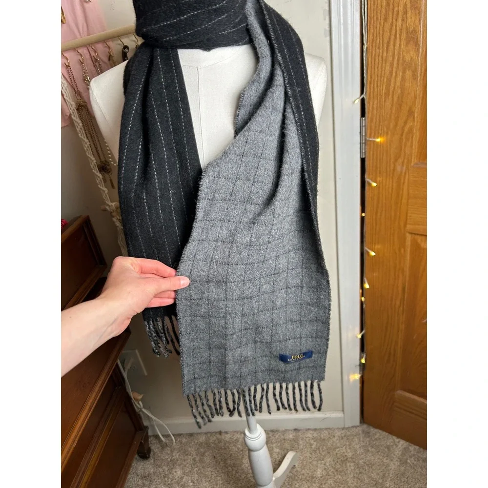 Polo Ralph Lauren Scarf Reversible‎ Gray Plaid Striped Made in Italy Preppy Chic